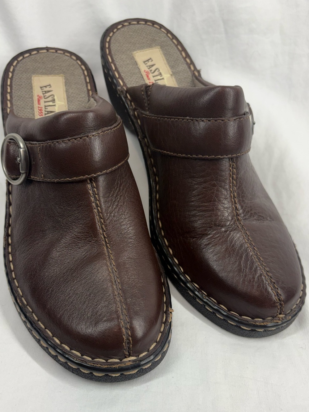 Eastland Roma Brown Leather Clog Mules Women’s 9M Buckle Comfort Shoes